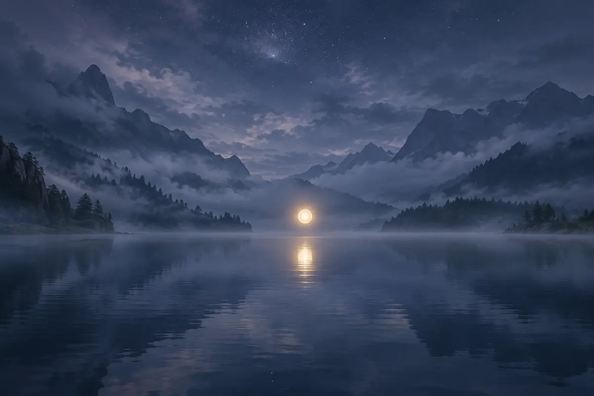 A still lake at night ringed by misty mountains, with a small sphere of warm light floating low over the water and its reflection below